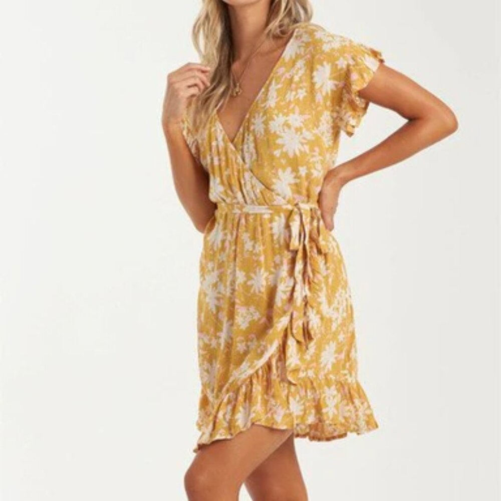 Billabong Women's Yellow and Gold Floral Wrap Dress XS
